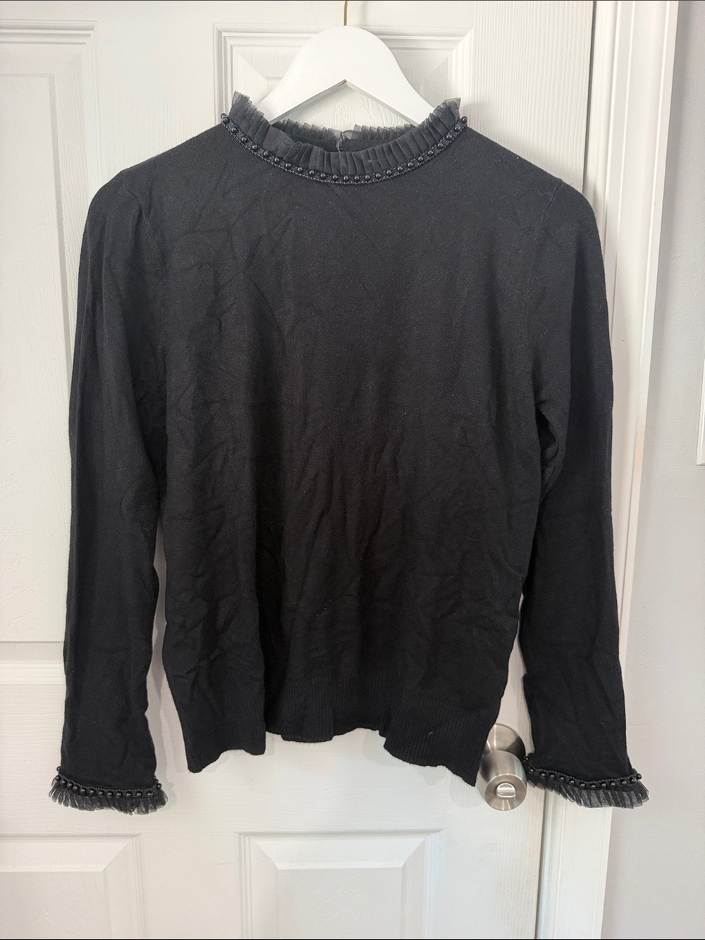 Sioni Black Ruffled Trim Beaded Long Sleeve Sweater-NWOT